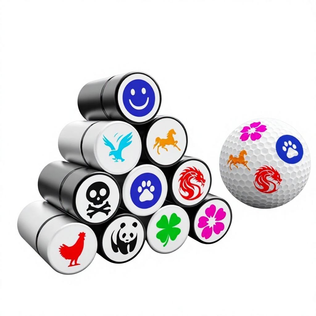 Metal golf ball stamp, shown with example designs